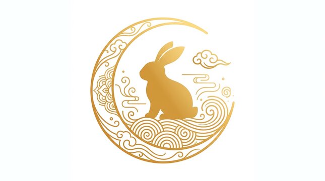 Golden rabbit silhouette sitting on stylized waves inside a crescent moon frame, traditional chinese midautumn festival vector illustration