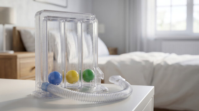 Incentive spirometer on medical table in patient room. Breathing exercise tool for lung recovery and pulmonary therapy. Equipment for respiratory rehabilitation after disease or surgery.