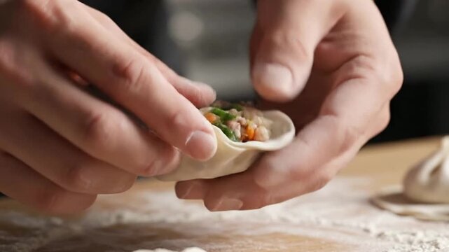 Macro Close-Up Of Chef's Hands Skillfully Folding Dumpling Wrappers Around Delicious Filling On Wooden Countertop