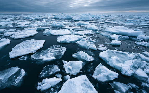 Expansive Arctic Ocean Frozen Landscape with Floating Ice Floes Under a Moody Sky