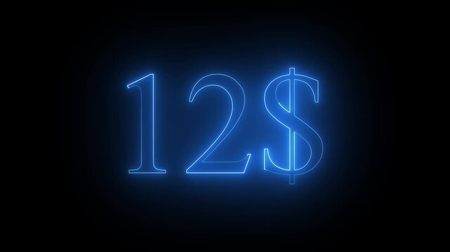 Glowing Neon 12$ Dolar Number Animation on Black Background 4K Resolution video.