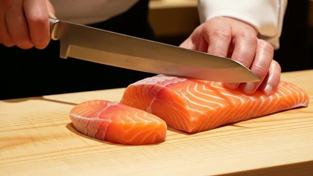 Macro Close-Up Of Chef's Hands Skillfully Slicing Fresh Salmon Sashimi On A Wooden Cutting Board In A Professional Restaurant Kitchen