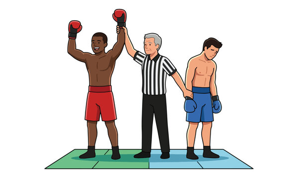 Boxing referee raising hand of winner after match illustration