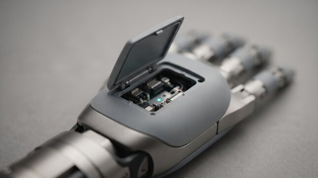 A robotic hand rests gracefully on a smooth surface, its panel lifted to expose intricate circuits and components inside. The elegant design highlights the future of technology and engineering.