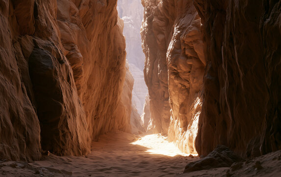 Sunlight illuminates a sandy path through a narrow desert canyon with textured rock walls
