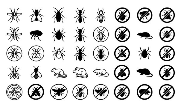 Pest control icon set with insect rodent prohibition symbols editable vector
