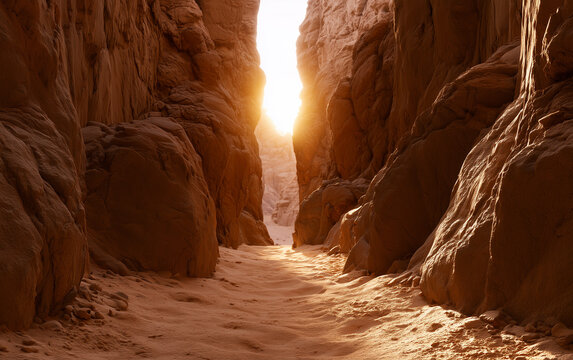 Sunlight illuminates a sandy path through a narrow desert canyon with textured rock walls