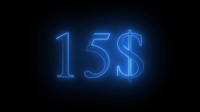 Glowing Neon 15$ Dolar Number Animation on Black Background 4K Resolution video.
