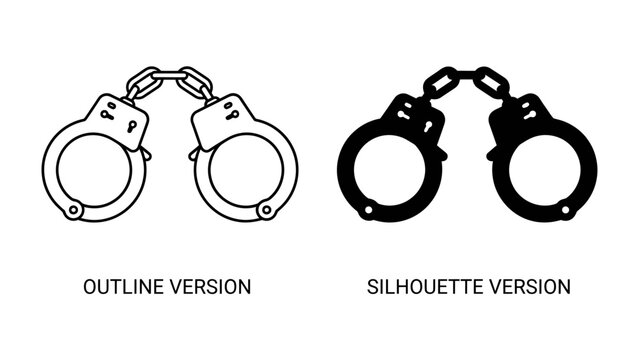 Handcuffs Icons: A set of iconic handcuffs presented in both outline and silhouette versions, symbolizing restraint and justice.