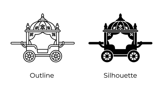 Indian Palki Illustration: A traditional Indian palki, presented in both outline and silhouette styles, symbolizing heritage and ceremonial transport.