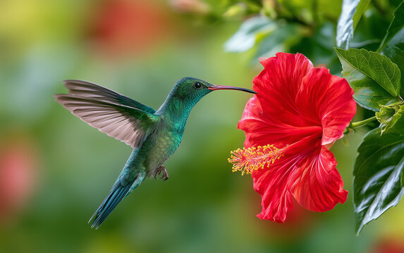 Vibrant Emerald Hummingbird Hovering Gracefully Beside a Lush Red Hibiscus Flower in Soft Bokeh Sunlight