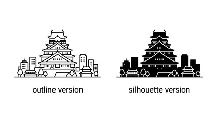 Osaka Castle Skyline: A striking illustration showcasing the iconic Osaka Castle in both outline and silhouette forms. © mahmuda