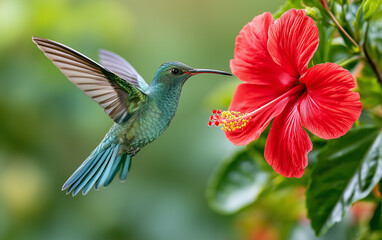 Fototapeta premium Vibrant Emerald Hummingbird Hovering Gracefully Beside a Lush Red Hibiscus Flower in Soft Bokeh Sunlight