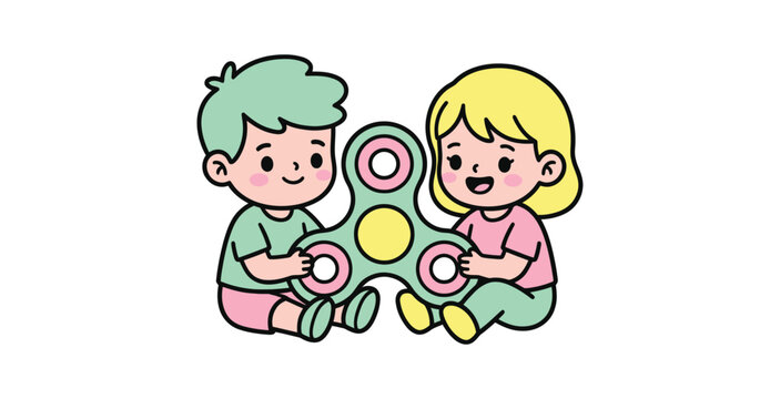 Kawaii Children Playing with Fidget Spinner Vector Illustration