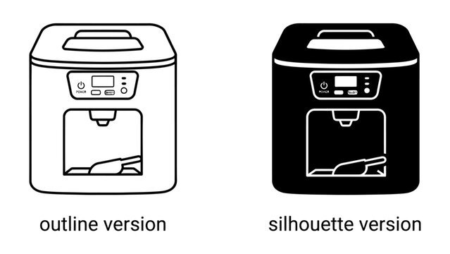Ice Maker Machine, Outline and Silhouette: A clean line drawing of an ice maker machine alongside its contrasting silhouette, showcasing the appliance's design and form.