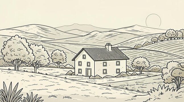 Idyllic rural farmhouse scene with rolling hills and trees, depicted in a charming sketch style