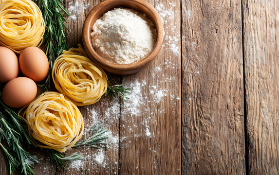 Rustic Wooden Table with Fresh Nest Noodles, Eggs, Flour, and Rosemary - Italian Food Preparation