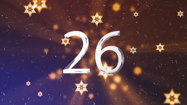 New Year countdown sequence with sparkling numbers and floating golden snowflakes on dark background.
