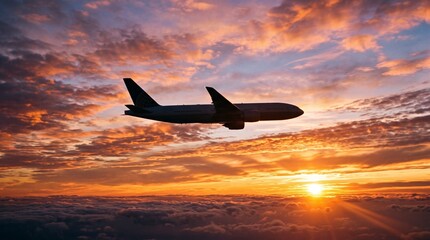 Fototapeta premium Commercial Airplane Flying Above Clouds During A Beautiful Golden Sunset