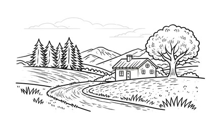 Fototapeta premium Hand-drawn scenic rural landscape illustration featuring a charming countryside house, winding road, and natural mountain backdrop