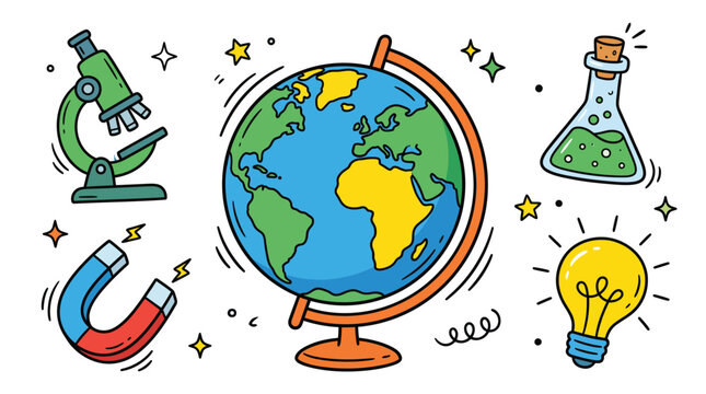 Science and geography school doodle set with globe microscope magnet glass flask potion and glowing yellow lightbulb for creative ideas