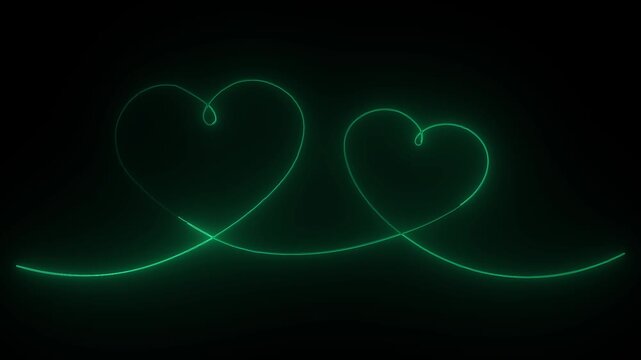 Two glowing green neon hearts drawn in continuous single line art on black background