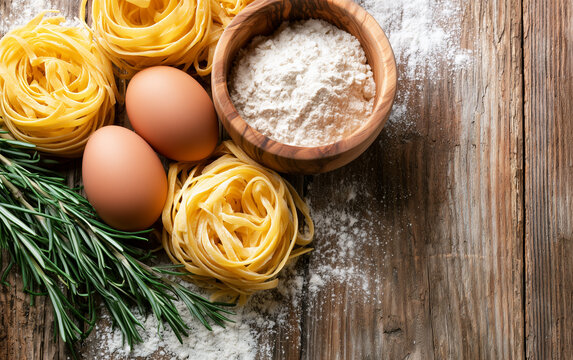 Rustic Wooden Table with Fresh Nest Noodles, Eggs, Flour, and Rosemary - Italian Food Preparation
