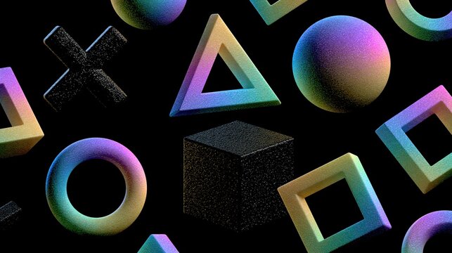 Floating 3d textured gradient geometric shapes including triangle circle square cube on pure black background creates modern playful abstract decorative graphic design