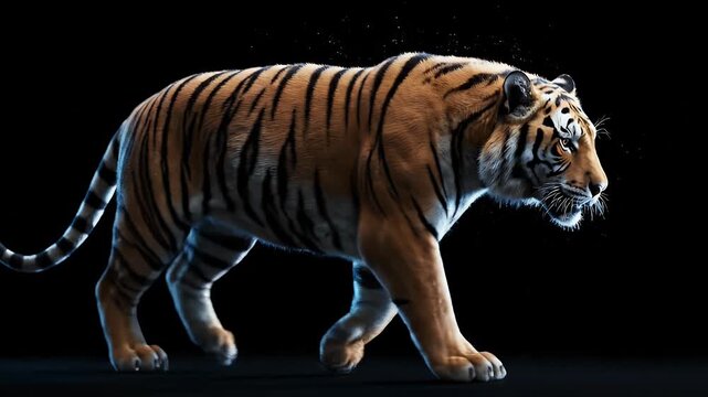 Majestic tiger walking side view on dark background 3D digital illustration