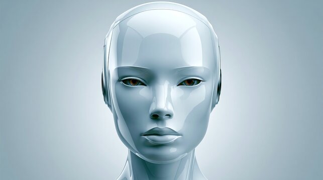 Glossy white humanoid female robot head with brown eyes on plain grey background shows modern artificial intelligence and futuristic robotics technology concept