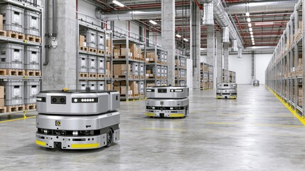Fototapeta premium Multiple autonomous mobile robot vehicles moving inside modern large logistics warehouse with stored boxes on metal shelves represents warehouse automation and smart logistics concept