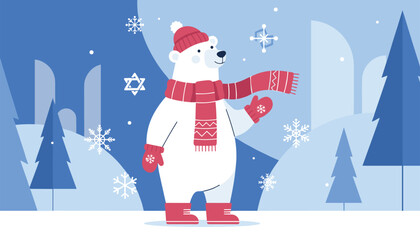 Naklejka premium Friendly cartoon polar bear dressed in a cozy red winter hat, scarf, mittens, and boots smiles warmly in a snowy landscape.