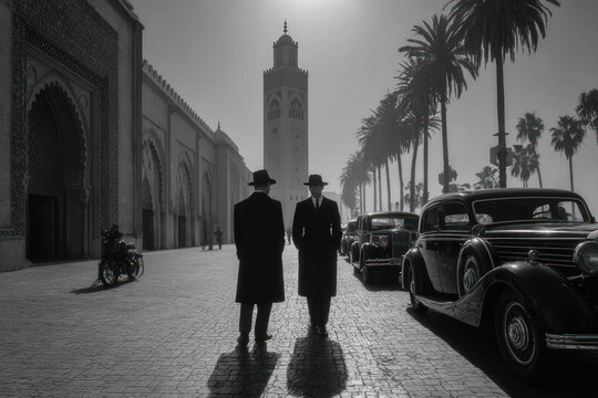 Two men in vintage suits walking near mosque with classic cars in black and white