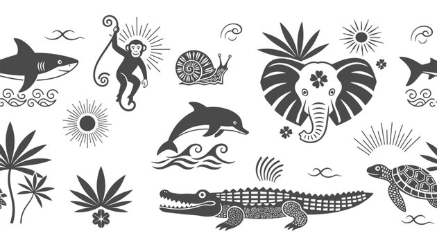 Seamless black and white animal pattern featuring a monkey, elephant, crocodile, turtle, and ocean life.