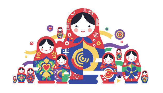 Collection of traditional Russian matryoshka nesting dolls in various sizes and colorful geometric patterns.