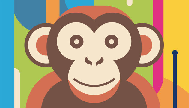 Close-up portrait of a smiling cartoon monkey over a vibrant background of colorful vertical stripes.