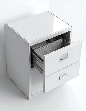 Modern white filing cabinet with open drawers.