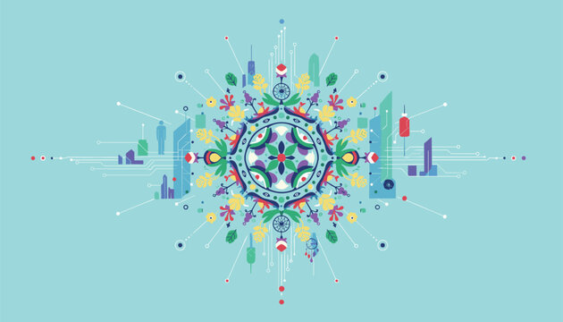 Futuristic detailed mandala combined with digital circuit lines and city skylines over a solid teal background.