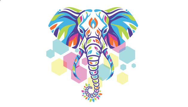 Front view illustration of a majestic elephant head composed of colorful geometric shapes and organic leaf patterns.