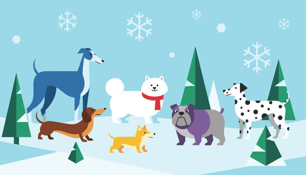 Diverse collection of cartoon dog breeds including a greyhound, dalmatian, and bulldog gathers in a snowy winter pine forest.