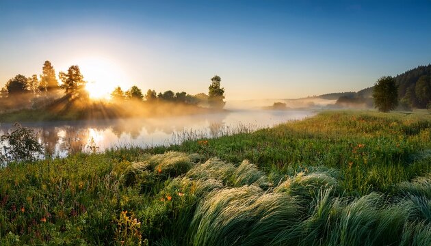 Fog Over The River A Fairytale Summer Landscape With Sunbeams And Meadow Grasses Dew At Dawn