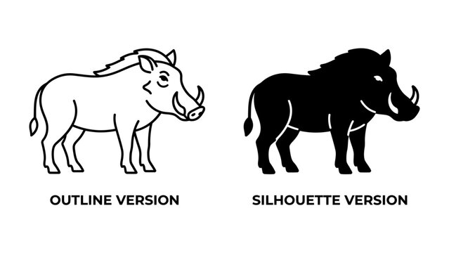 Warthog Outline and Silhouette: A stylized illustration featuring a warthog in both an outline and a silhouette version, perfect for graphic design and iconic representation.