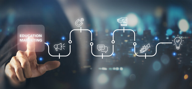 Education Marketing strategy Concept. Education marketing journey with digital icons, representing attraction, communication, learning, engagement and conversion strategy.