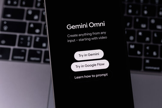 Google Gemini Omni mobile logo app on a screen smartphone iPhone. Gemini Omni is a multimodal AI model for generating, deeply editing videos using text, images, audio. Batumi, Georgia - June 12, 2026