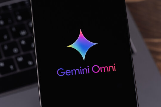 Google Gemini Omni logo mobile app on a screen smartphone iPhone. Gemini Omni is a multimodal AI model for generating, deeply editing videos using text, images, audio. Batumi, Georgia - June 12, 2026