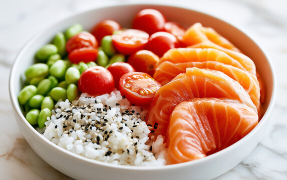 Fresh Salmon Poke Bowl with Cherry Tomatoes and Edamame over Rice, Healthy Meal