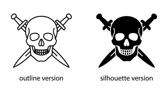 Pirate Symbol of Danger: A skull and crossbones emblem, depicted in both outline and silhouette, signifies a warning of danger or a pirate's mark.