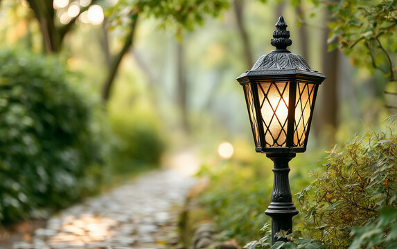 Elegant outdoor path lantern illuminates a tranquil forest trail with soft, warm light