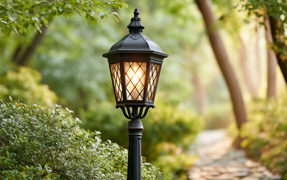 Elegant outdoor path lantern illuminates a tranquil forest trail with soft, warm light