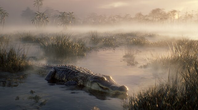 Powerful crocodile rising from calm swamp waters at sunrise, surrounded by soft morning mist, showcasing richly textured scales in a realistic wildlife scene with dramatic natural lighting

